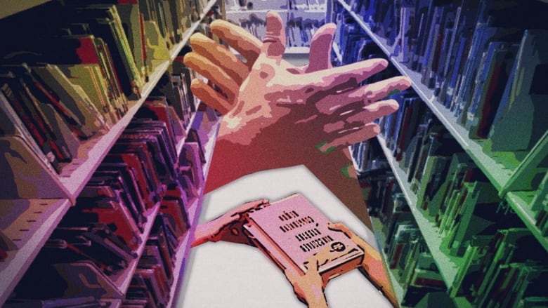 An illustration of hands about to shape in the aisle of a library.