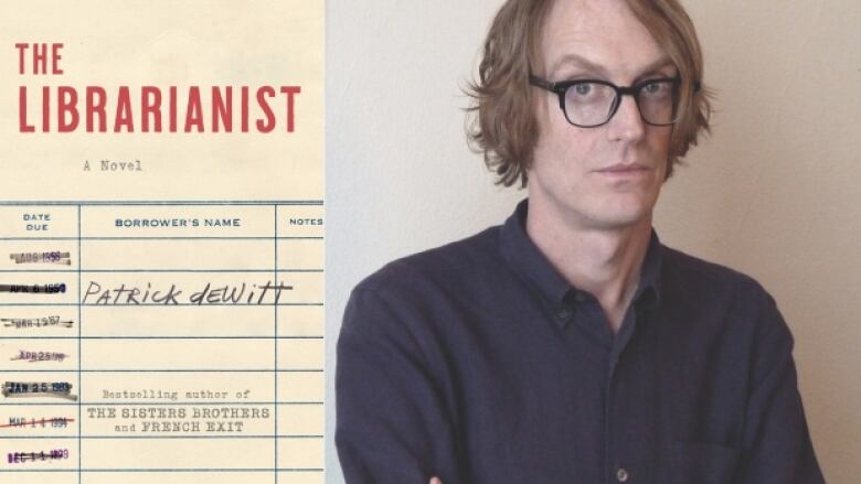 A book cover with a library card and a man with glasses stares at the camera. 