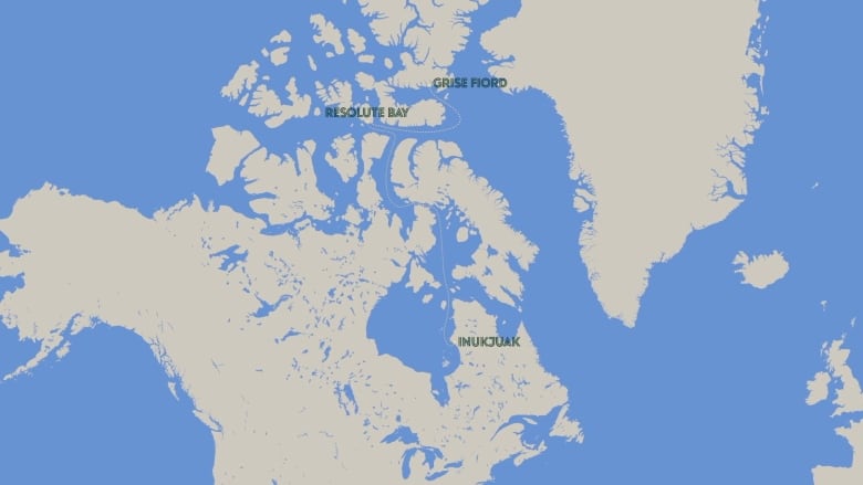 A map of Canada and Greenland. Grise Ford, Resolute Bay and Inukjuak are marked in green text.