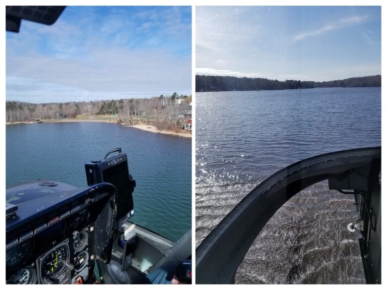 Two side-by-side images taken from inside a helicopter show the helicopter flying over a lake.