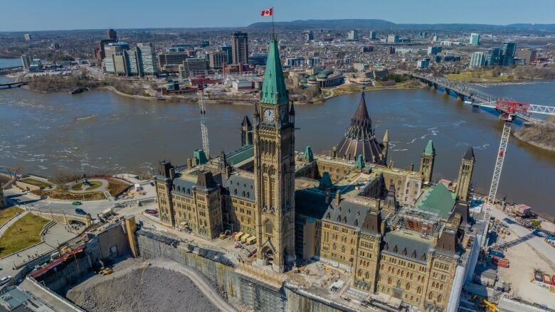 A drone-shot image showing a bird's-eye view of Canada's Parliament buildings.