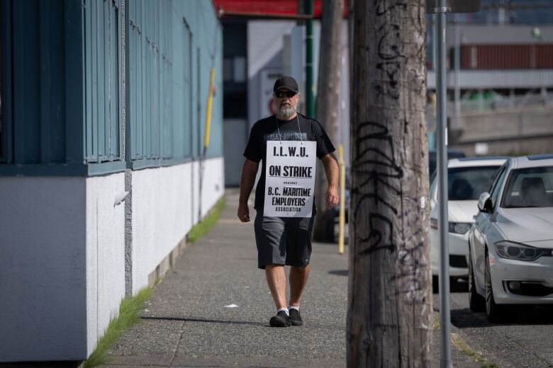 A man wearing a placard that reads 'ILWU On Strike Against BC Maritime Employers Association' and walks down a street.