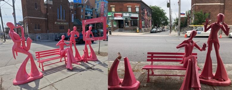 A split screen photo showing four pink sculptures of musicians on a city street. The one on the right shows one sculpture severed at the knee.