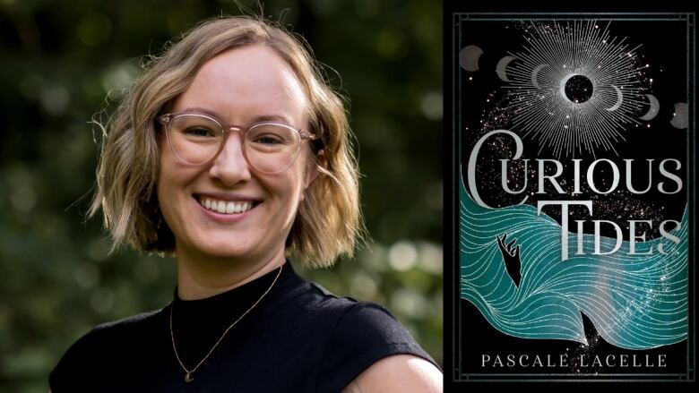 On the left a woman with blonde hair and glasses smiles into the camera. On the right is a book cover showing different phases of the moon and a hand poking out of the sea's waves. 