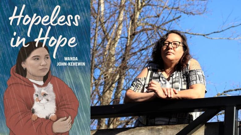 On the left a book cover shows a young person wearing a red hooded sweatshirt, holding a cat and standing in the rain. On the right is a woman wearing glasses and standing in front of trees and a blue sky.