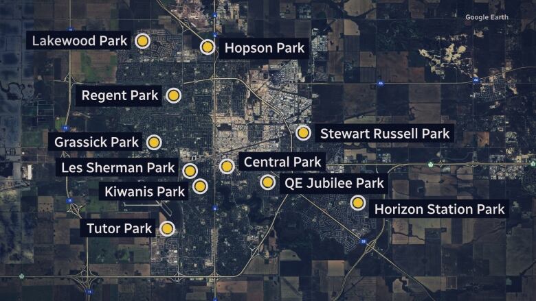 A graphic illustrates a map of Regina. The location of the 12 parks are indicated with yellow circles. 