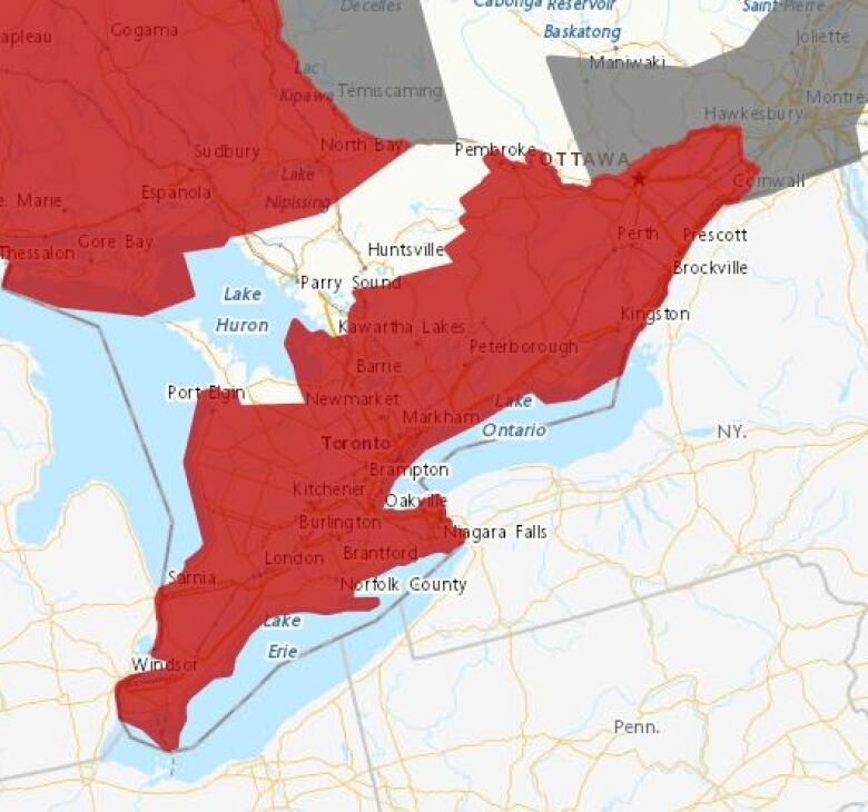 A map of weather alerts in Ontario.