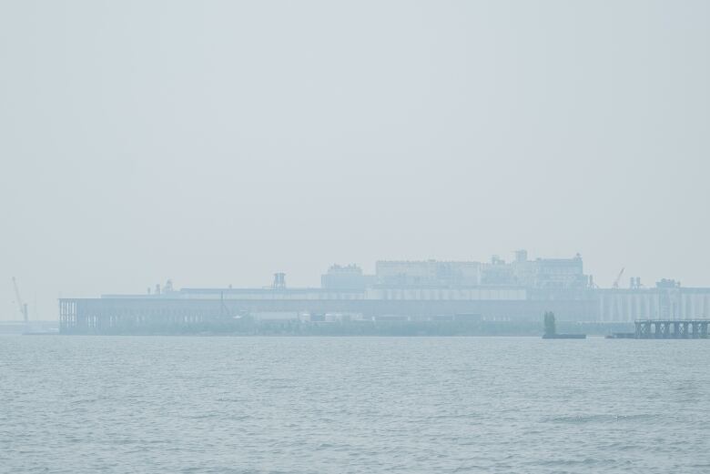 Thunder Bay's grain elevators are covered in a hazy smoke alongside Lake Superior.