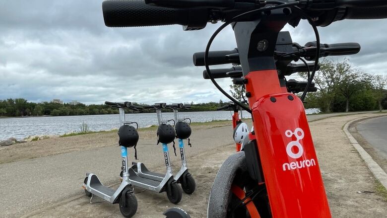 An orange scooter with a Neuron logo is shown in the foreground while three silver scooters from Bird are shown in the background. 