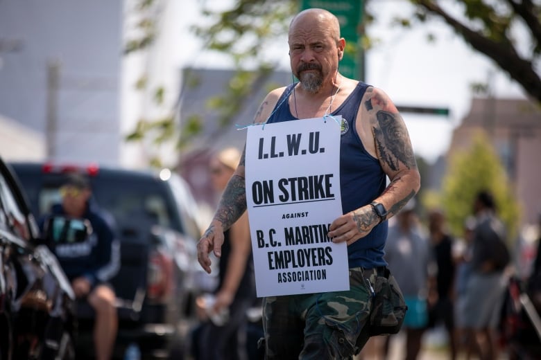 A bald white man with a grey goatee, tattooed arms, a navy blue tank top and camouflage shorts hold a white picket sign reading 'ILWU ON STRIKE.