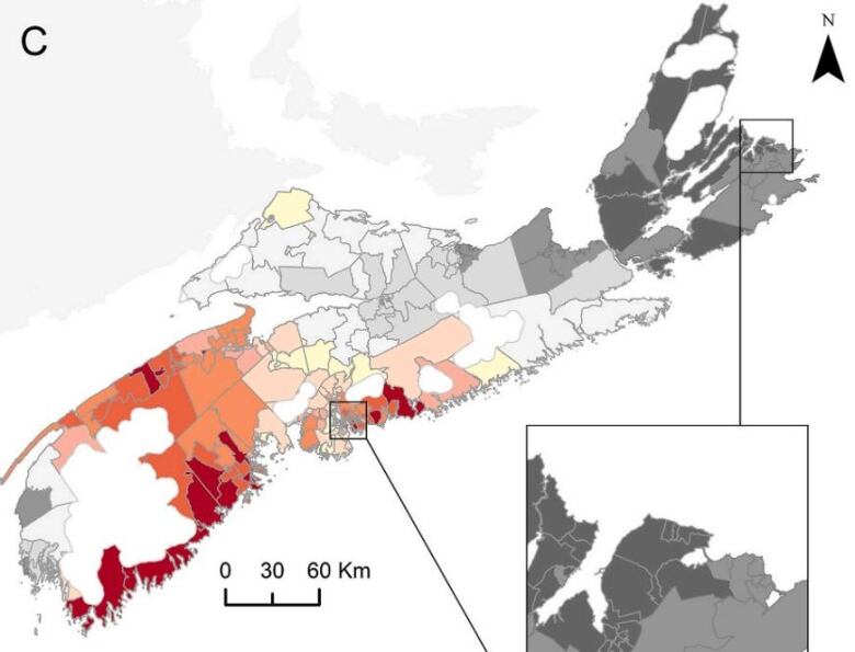 A map of Nova Scotia is divided into different regions, which are highlighted with different colours.