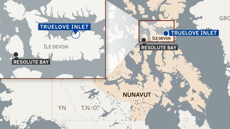 A map shows Turelove Inlet on Nunavut's Devon Island.