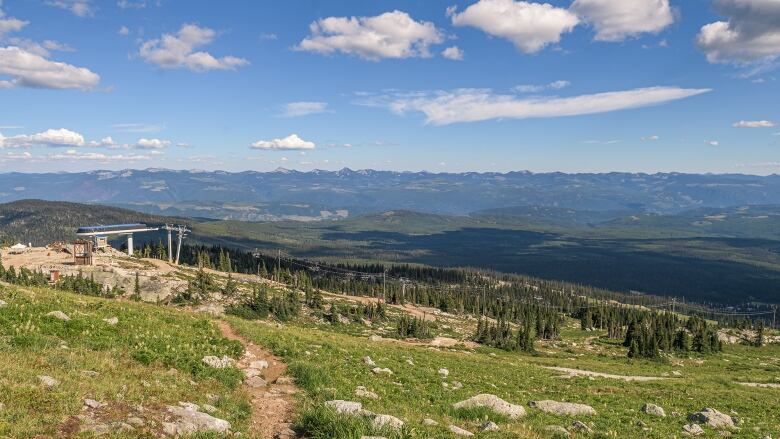 The top of a mountain is shown in summertime, with chairlifts in the distance.