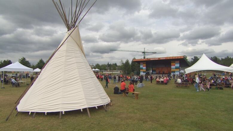 A teepee is erected at the Bill Reid Millennium Amphitheatre in Cloverdale, B.C as part of the National Indigenous Peoples Day celebration. 