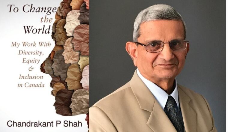 A composite image of a book cover with a profile of a face made up of different skin toned face profiles. A portrait of a man with grey hair.