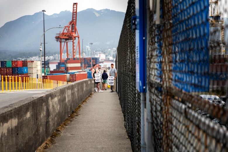 Images of strikers and cargo boats in the harbour of the Vancouver Port Strike on Friday, July 7th, 2023.