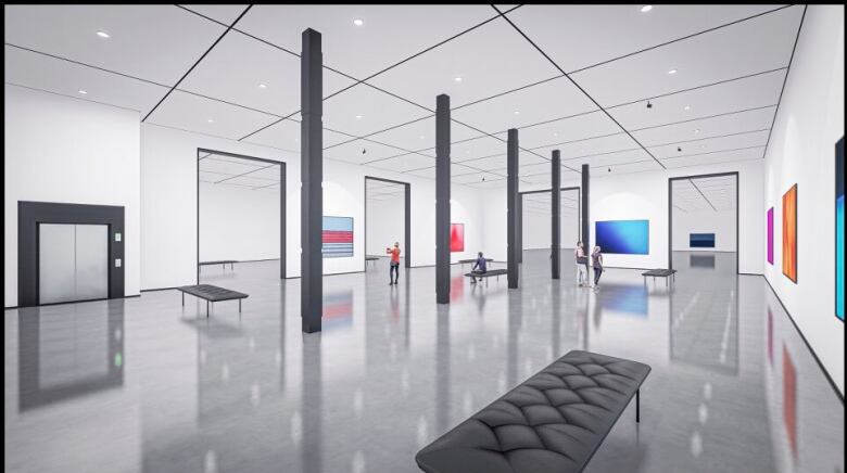 An architect's rendering of a clean, well-lit art gallery.