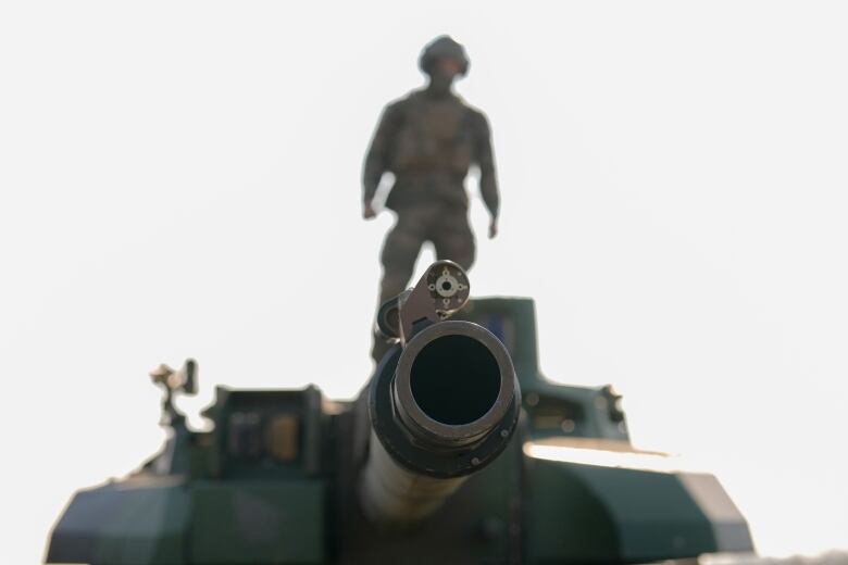 A soldier stands on a tank.