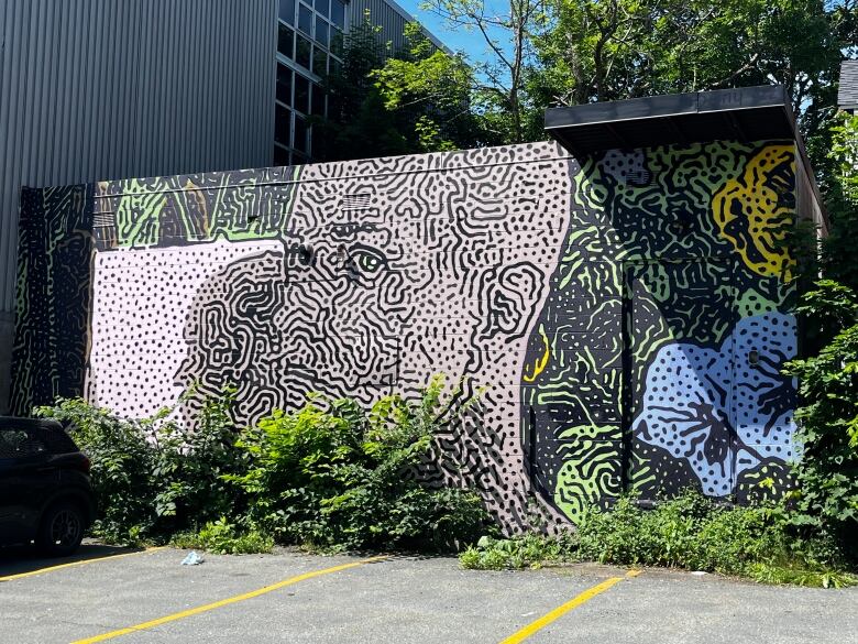 A wall in a parking lot with a face and a profile composed of multiple wavy lines.