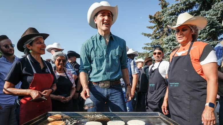 A man wearing a cowboy hat flipping pancakes.