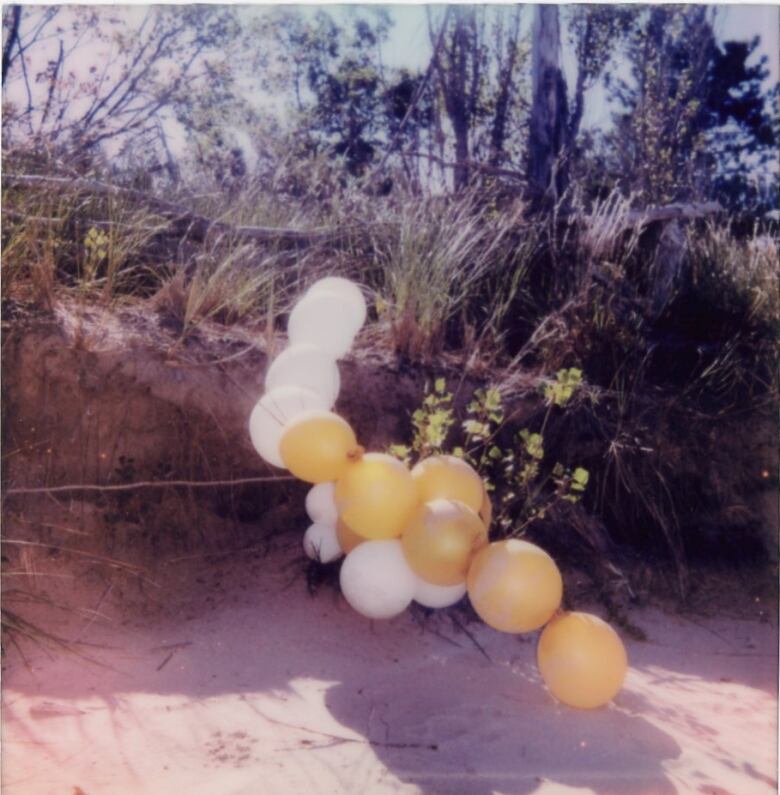 An arch of gold and white balloons, partway on a wild bluff and partway on the sandy beach. 