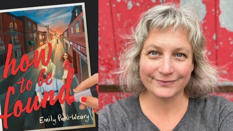 On the left a book cover shows a photograph of two teenagers walking outside on the sidewalk of a town, with dusk lighting. A hand is writing the book's title over the photograph in red lipstick. On the right a woman smiles into the camera.