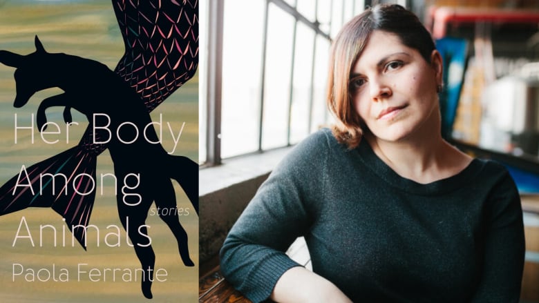 Her Body Among Animals is a novel by Paola Ferrante. Her Body Among Animals by Paola Ferrante. An illustrated book cover with a silhouette of a dog jumping over a mermaid's fin. A portrait of a white woman with short brown hair looking into the camera.