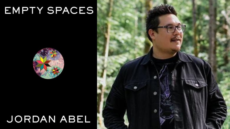 Empty Spaces by Jordan Abel. A black book cover with a circle of colours in the centre. A portrait of an Indigenous man standing on a path in the forest.