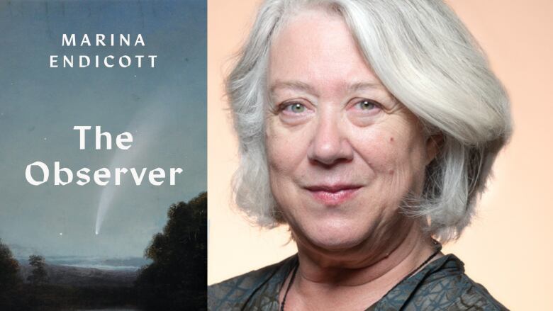 The Observer by Marina Endicott. A book cover featuring a landscape and a meteorite falling from the ski. A portrait of a white woman with grey hair smiling into the camera.