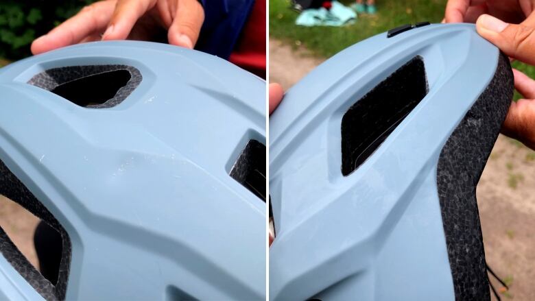 Two shots of a light blue helmet that is lightly scuffed and damaged by a hawk's talons.