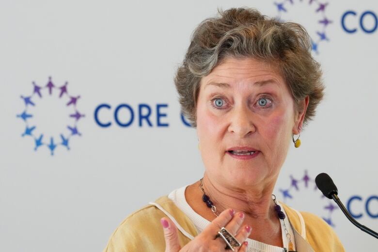 Canadian Ombudsperson for Responsible Enterprise (CORE), Sheri Meyerhoffer, holds a news conference in Ottawa on Tuesday, July 11, 2023. Ottawa's corporate-ethics watchdog has announced investigations into a mining corporation and the Canadian branch of Nike for possible forced labour in supply chains. 