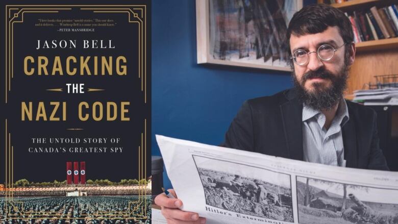 A book cover showing a Nazi rally. A man with glasses and a beard reads a newspaper. 