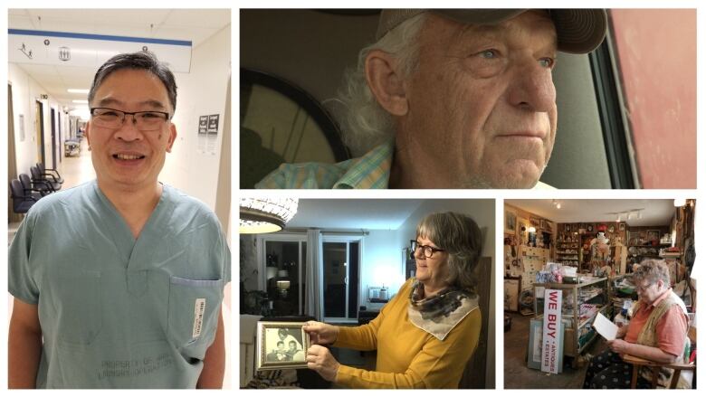 A nurse in top left, a farmer (top right), a senior woman in her junk store, a woman looking at an old family photo in her living room.