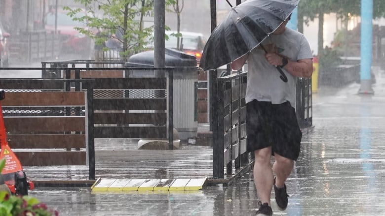 Man walking in heavy rain using a black umbrella