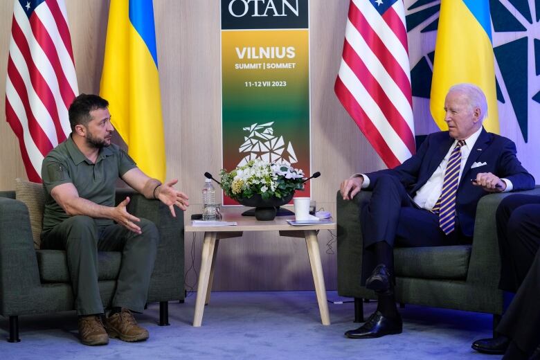 President Joe Biden meets with Ukraine's President Volodymyr Zelenskyy on the sidelines of the NATO summit in Vilnius, Lithuania, Wednesday, July 12, 2023.