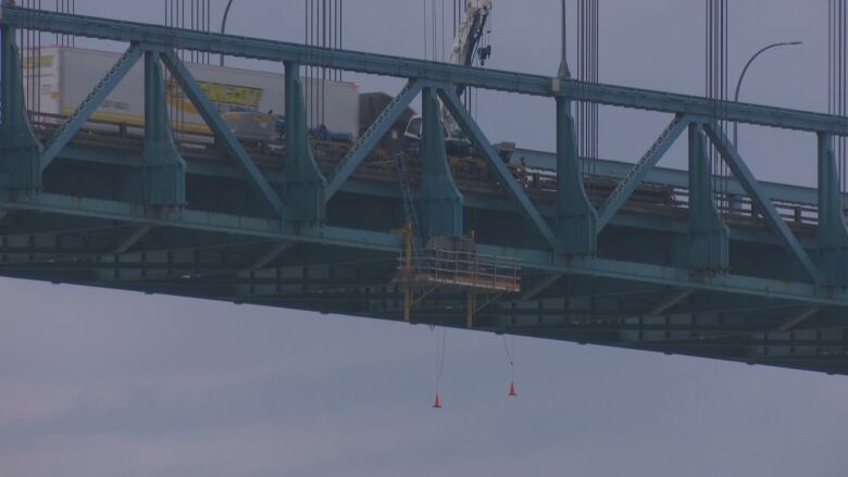 Scaffolding shown on the Ambassador Bridge after a worker fell 43 metres Wednesday afternoon into the Detroit River.