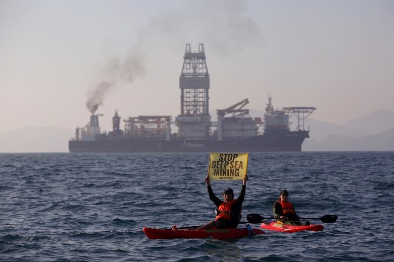 Environmental protesters in a canoe hold up a sign that says, 'Stop deep sea mining.'