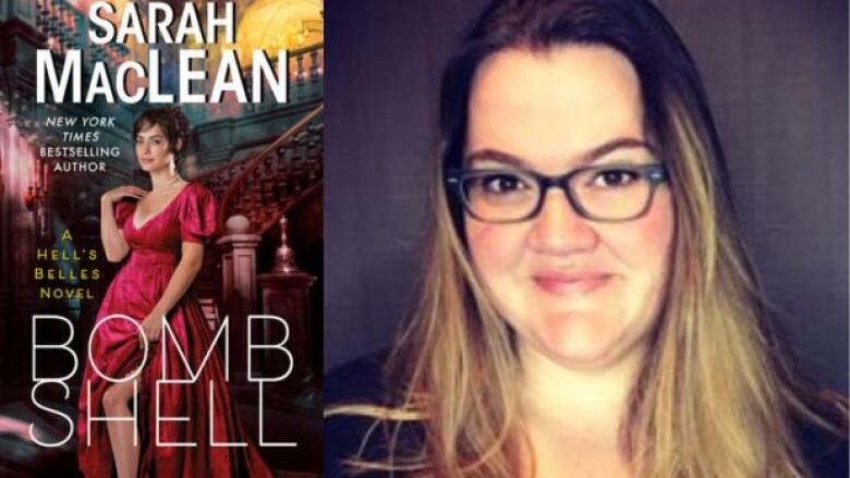 Book cover for Bombshell by Sarah Maclean with a white woman in a red ballgown posing on a staircase. Portrait of the author.