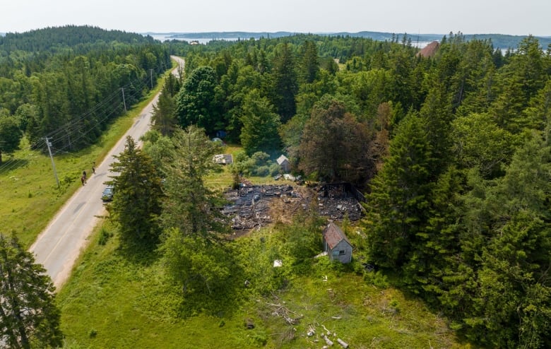 A drone shot of a burned-down building in a forested area, with the Bay of Fundy in the distance.