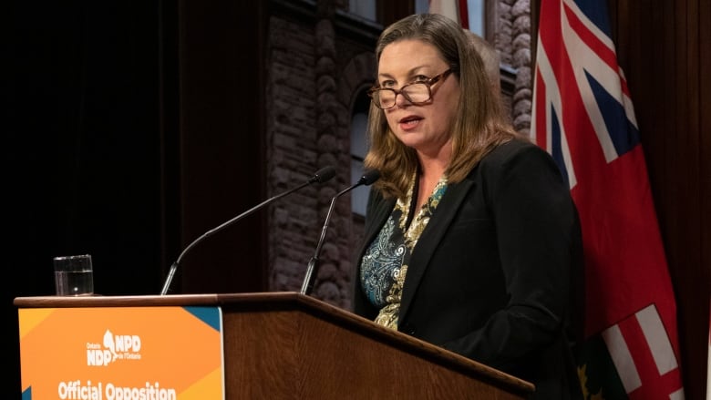 Woman at podium with microphones and flags behind her.