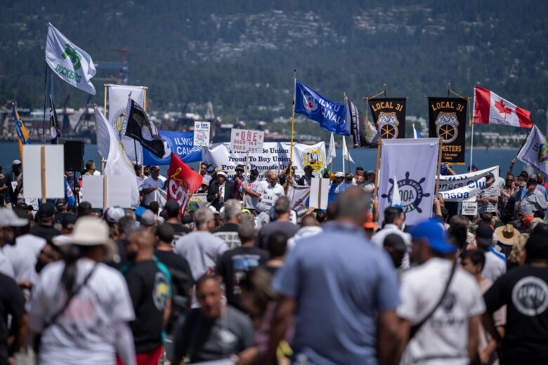 A large group of people, many carrying signs and flags, gather along the waterfront.