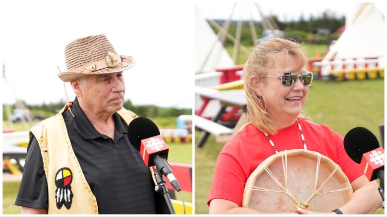 A collage photo of two people. On the left, an older man wearing a fedora and a Indigenous vest stands next to a microphone. On the right, a woman with blonde hair smiles while holding a drum.