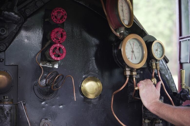 Pictured are the gauges on the engine of the 1077 steam locomotive at Fort Steele Heritage Town. 