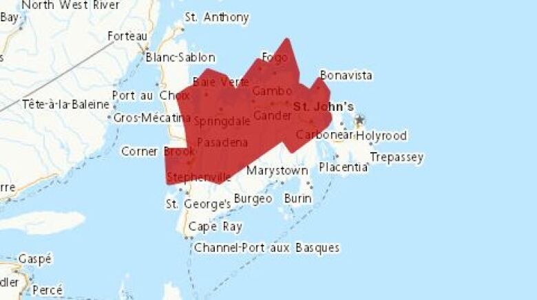 A map of Newfoundland with areas highlighted in red. 