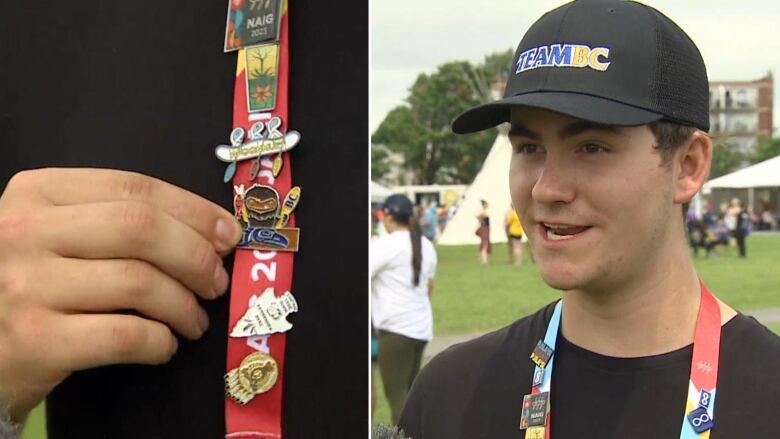 In this side-by-side image, one photo shows a lanyard of decorative pins and the other shows a young man wearing a Team BC baseball cap.