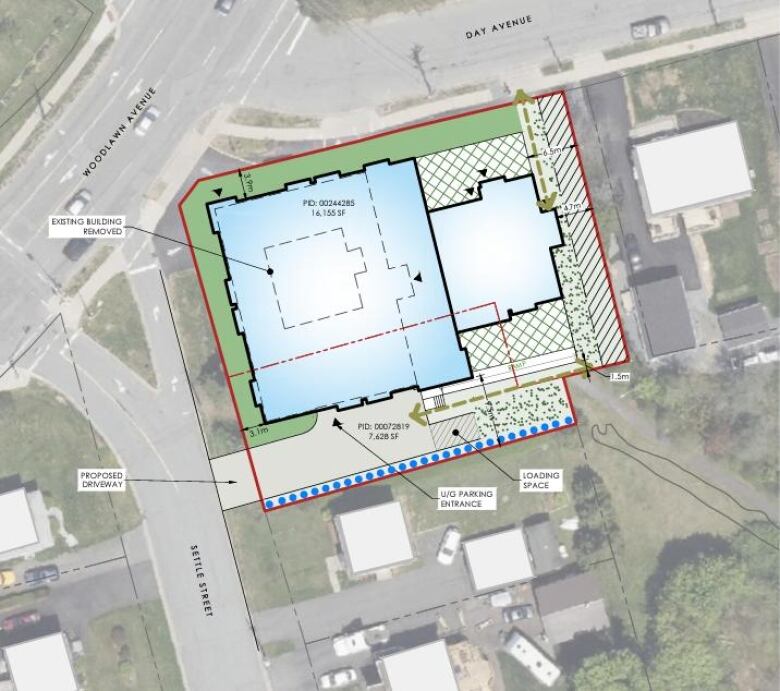 A map of Woodlawn and Day Avenue that shows a mock up of the Diab's building proposal.