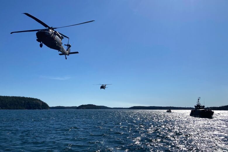 Helicopters fly over a naval vessel.