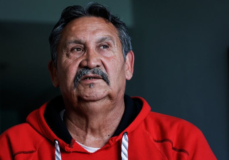 A man a red sweater with black hair and mustache looks away from the camera. 