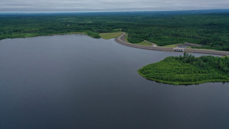 An aerial view of a large lake surrounded by green vegetation with a dam and concrete spillway structure on the top right. 