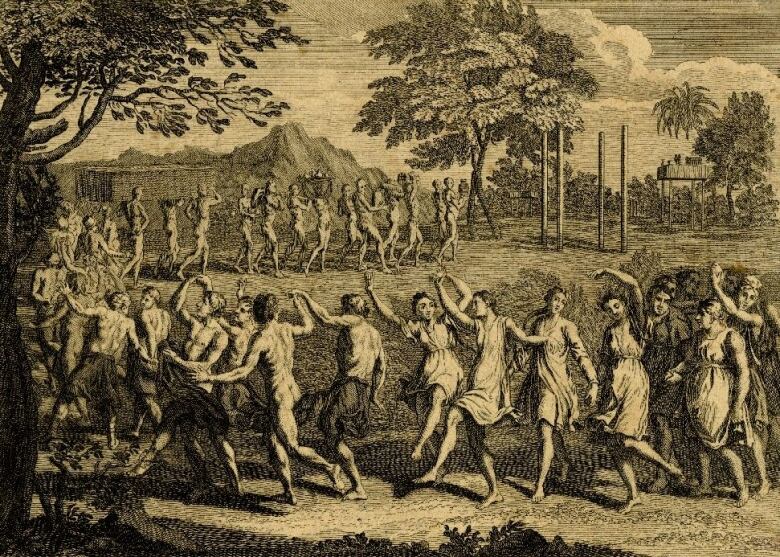 An engraving of people in a long line in a field, both leading and following a coffin being carried aloft by a few people.